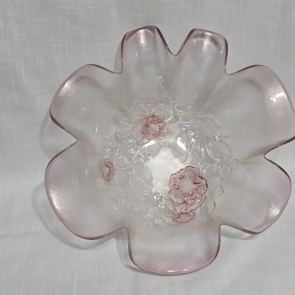 Mikasa Pink Frosted Art Glass Floral Ruffled Bowl 10